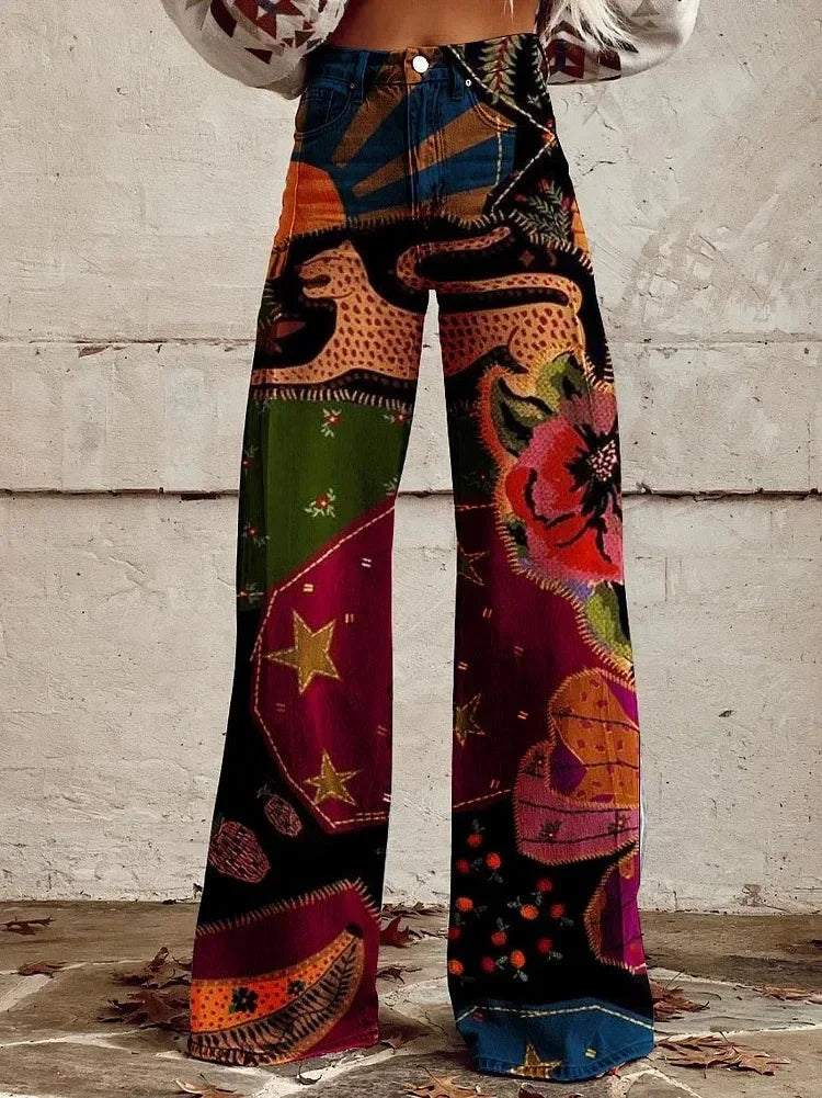 Plus Size Women Wide Leg Pants Faux Denim 3D Printed Flared Trousers Stretch Casual High Waist Fashion Yoga Pants